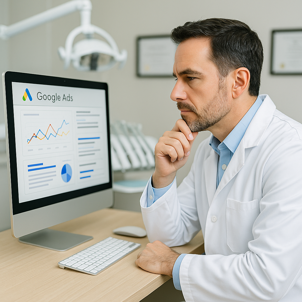 a dentist checking his google ads account. this photo is used as a featured image for the blog "google ads for dentists"